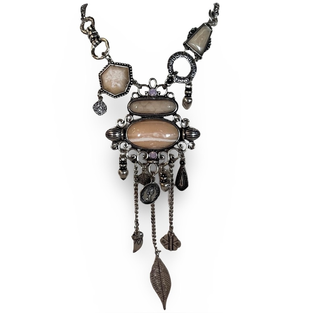 Bohemian Pink Stone Statement Necklace with Charms